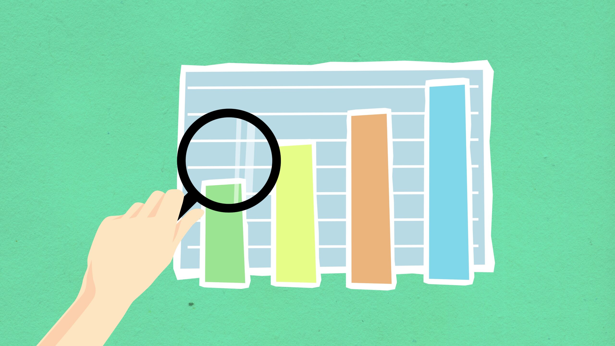 Increasing statistics bar table with search icon. Keyword research