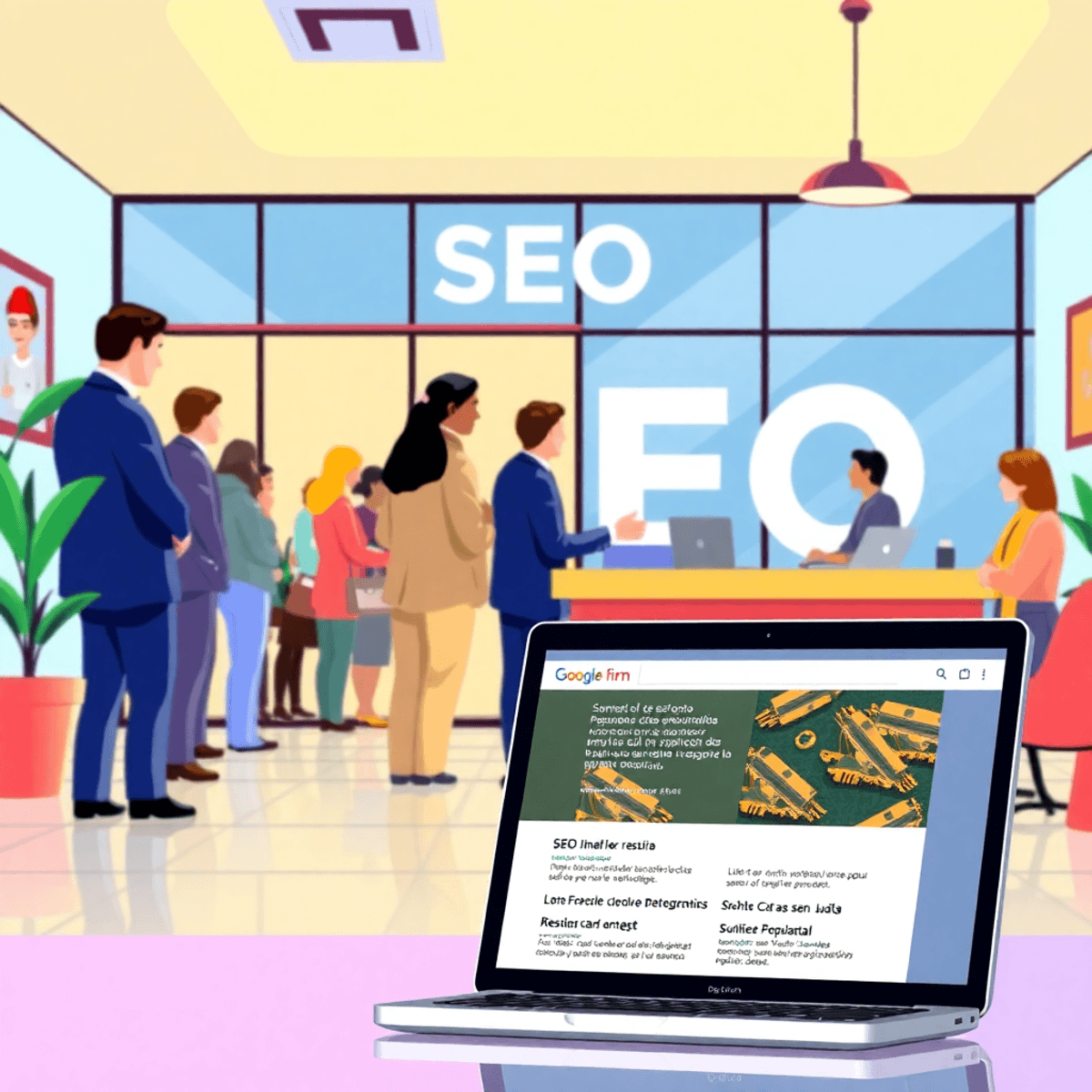 A vibrant digital illustration of a law firm office with an SEO sign, showcasing a group of individuals in conversation and a laptop displaying Spanish search results. 85 per cent of legal searches in McAllen are in Spanish