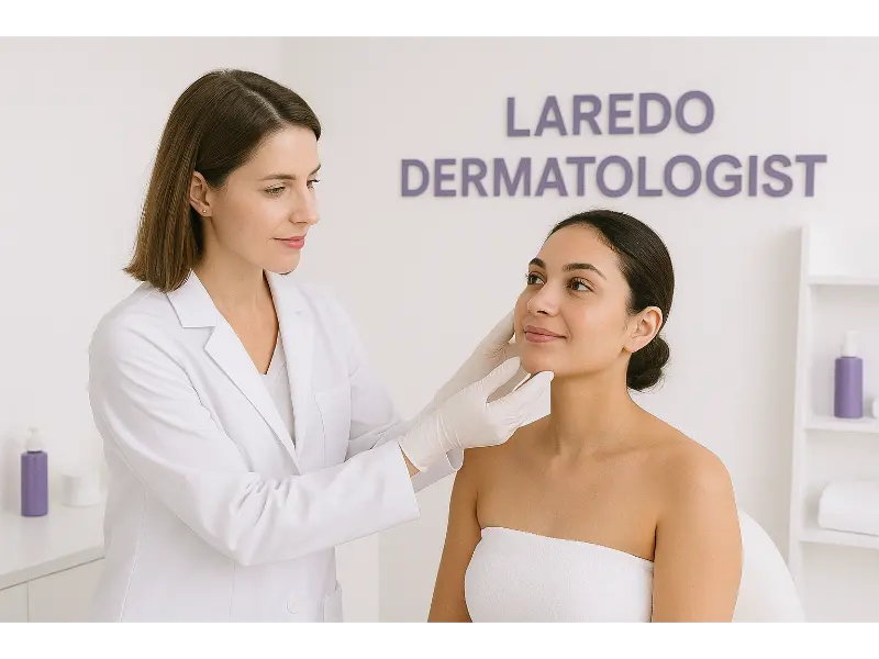 Realistic clinic photo of a dermatologist examining a patientβs skin in Laredo. White clean environment with subtle purple elements, soft lighting. Dermatologist examining patientβs face under soft clinic lighting. DermatΓ³loga examinando el rostro de un paciente con luz suave.