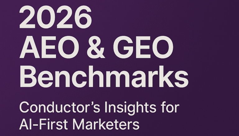 Cover image with a deep purple gradient background and large white text reading “2026 AEO & GEO Benchmarks” and “Conductor’s Insights for AI-First Marketers.