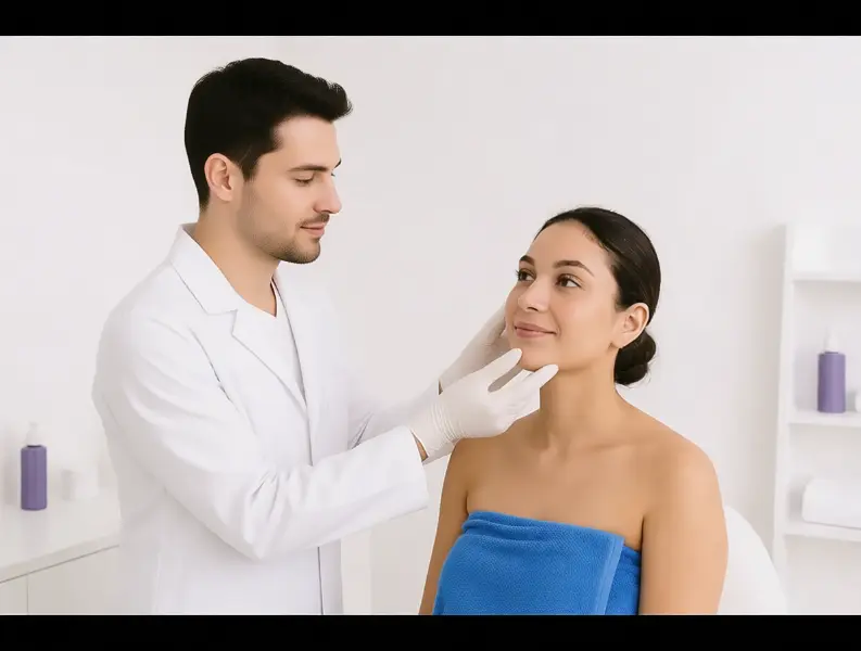 A male medical professional in a white lab coat and gloves gently examines a woman's face in El Paso Tx. The woman is wrapped in a blue towel and looks toward the professional with a slight smile in a bright, clean clinical setting.