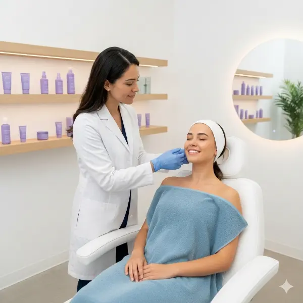 Una escena de una clínica dermatológica en Lareto, profesional, limpia y acogedora. Una dermatóloga, con una bata blanca impecable y guantes, examina suavemente el rostro de una paciente hispana sonriente envuelta en una toalla azul. El fondo es luminoso y moderno, con paredes blancas y estanterías que exhiben productos minimalistas para el cuidado de la piel (se ven frascos morados). La iluminación es suave y clínica, transmitiendo confianza y cuidado. El ambiente general es tranquilo, profesional y reconfortante.