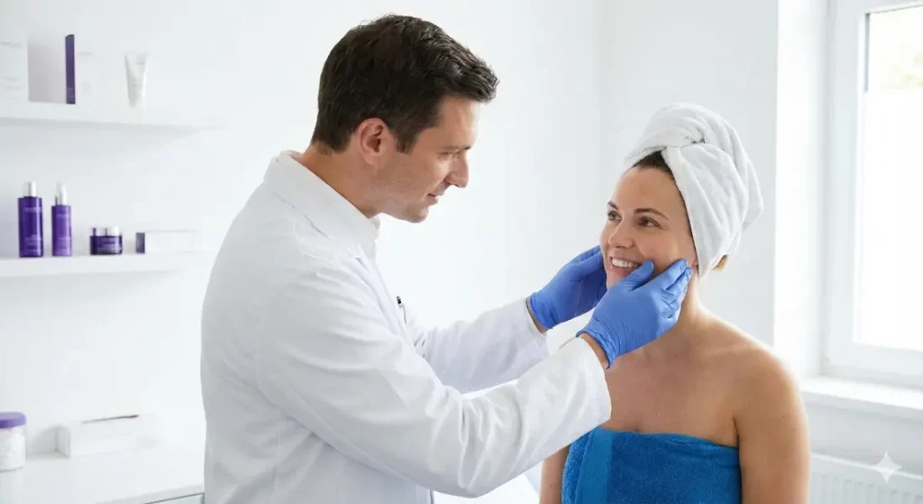 and welcoming dermatology clinic in Houston. A female dermatologist in a crisp white lab coat and gloves gently examines the face of a smiling female hispanic patient who is wrapped in a blue towel. The background is bright and modern, with white walls and shelves holding minimalist skincare products (purple bottles visible). The lighting is soft and clinical, conveying trust and care. The overall mood is calm, professional, and reassuring.