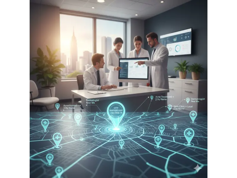 Equipo de una clínica de dermatología analizando métricas en una pantalla digital con un mapa de la ciudad que muestra ubicaciones de búsquedas locales de dermatólogos y tratamientos para el acné.