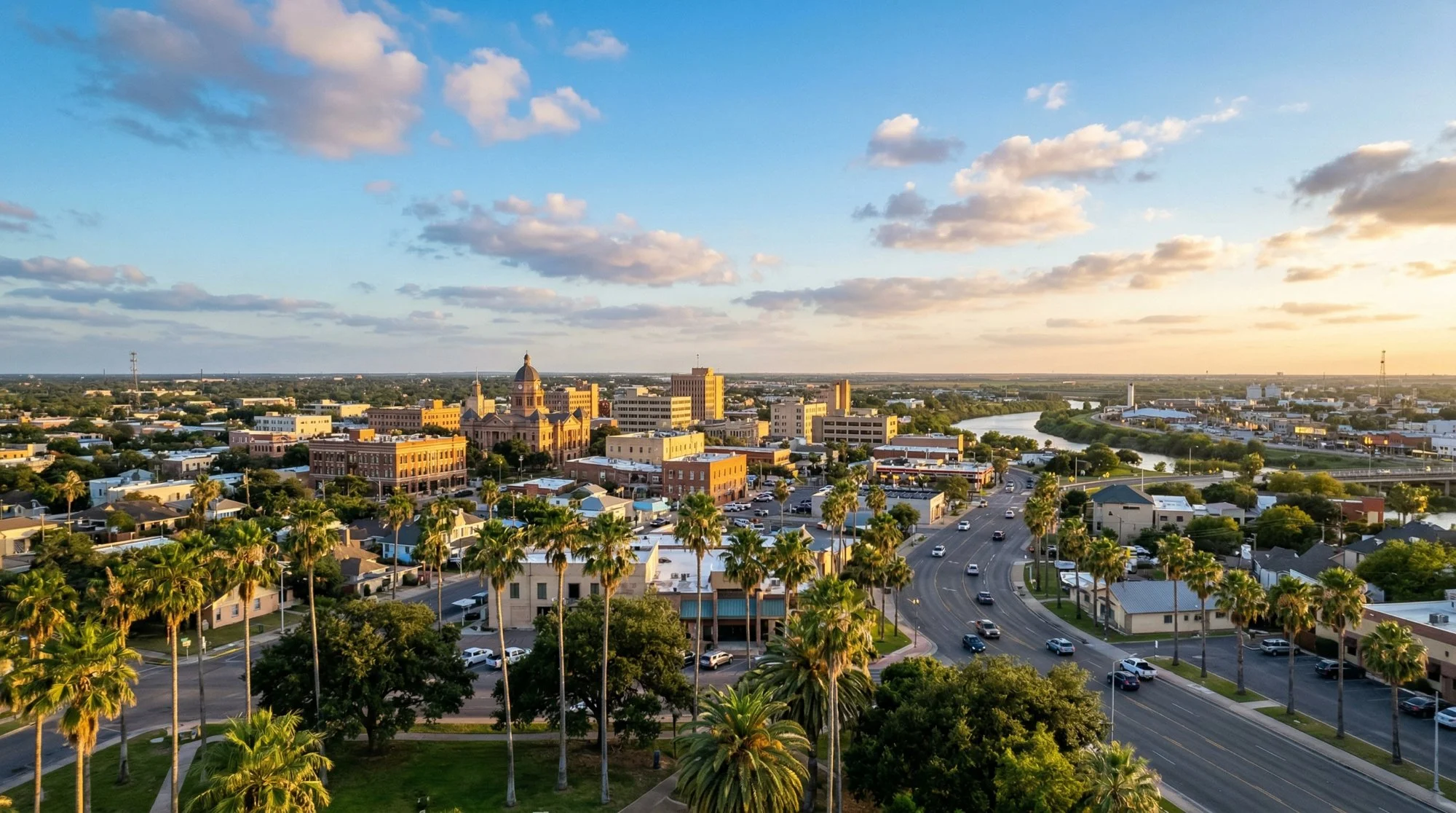 Vista aérea del centro de Brownsville Texas con palmeras y el juzgado histórico al atardecer