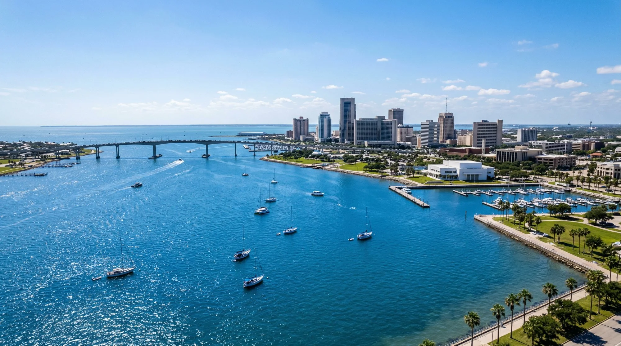 Vista aérea de la bahía de Corpus Christi y el horizonte del centro con veleros y agua azul
