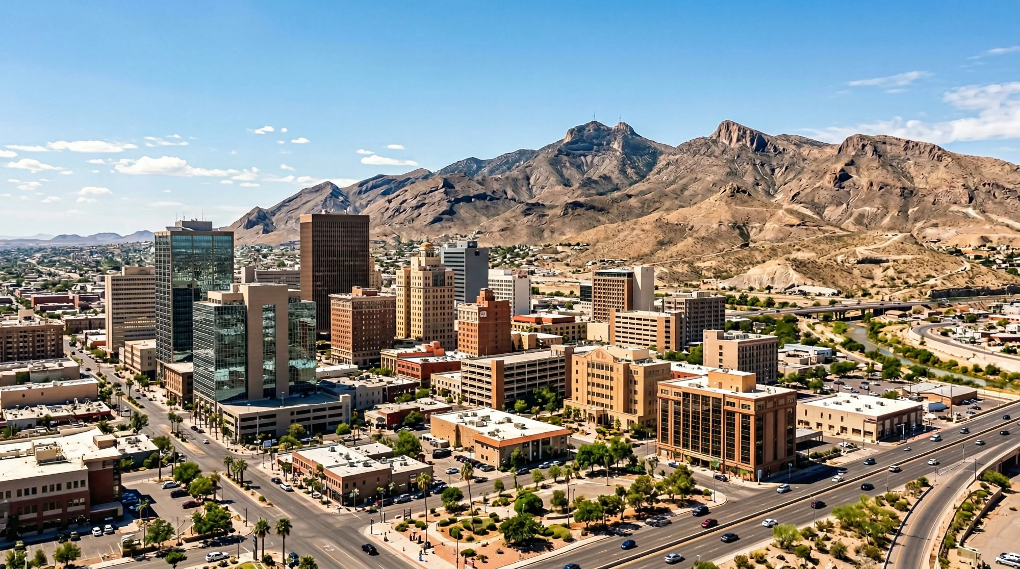 Centro de El Paso Texas con las Monta&ntilde;as Franklin al fondo