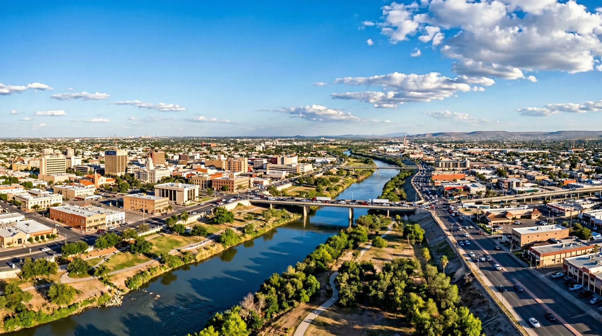 Vista a&eacute;rea de Laredo Texas a lo largo del R&iacute;o Grande con el puente internacional al fondo