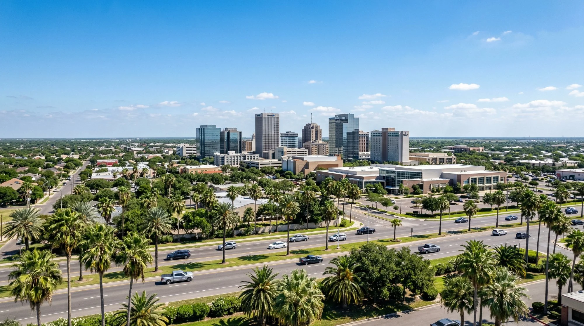 Vista aérea del horizonte urbano de McAllen Texas con palmeras y el Valle del Río Grande
