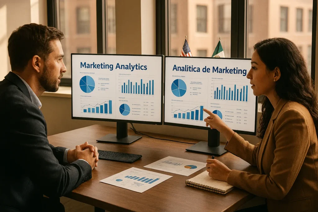 Equipo de agencia de marketing bilingüe revisando estrategia de SEO en inglés y español para negocio en ciudad fronteriza