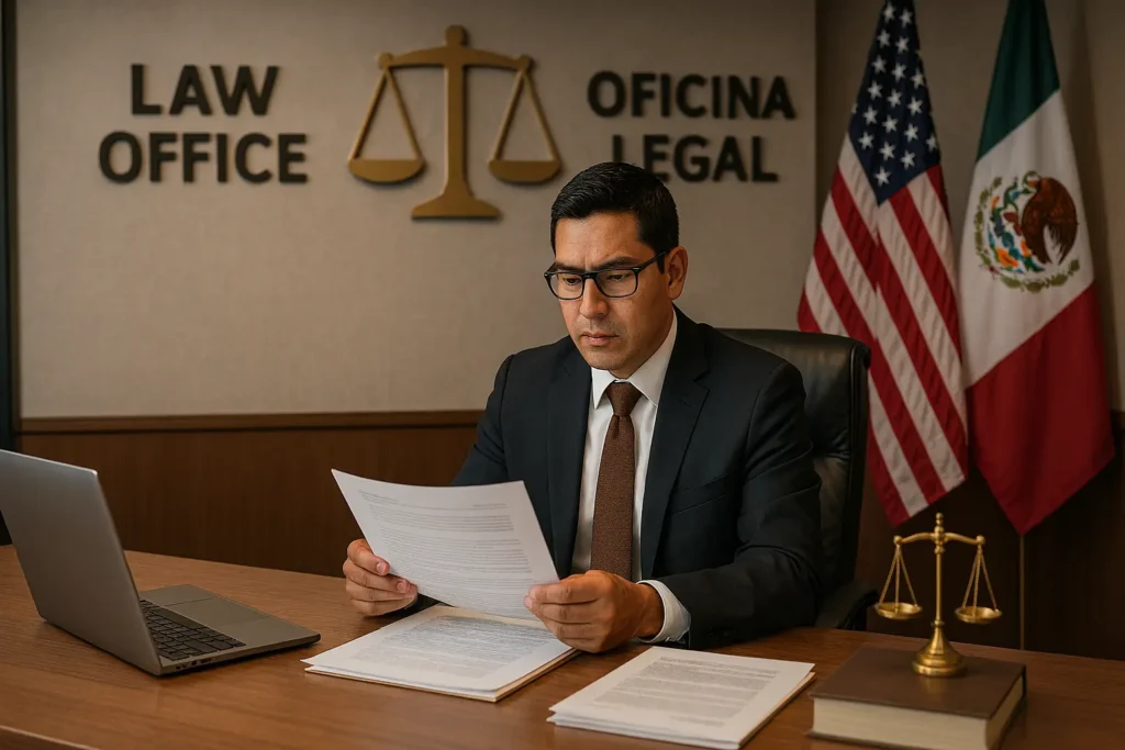 Abogado bilingüe revisando estrategia de SEO bilingüe para despachos de abogados en una ciudad fronteriza