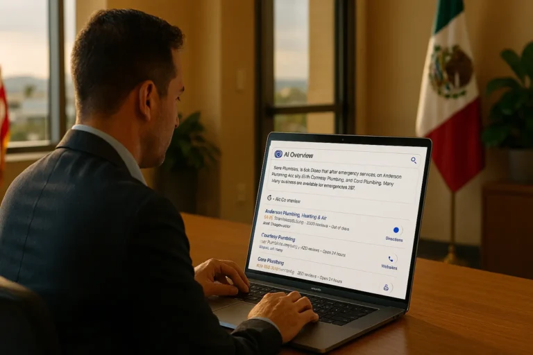 Border city business owner reviewing Google AI Overview search results on laptop showing bilingual local search results