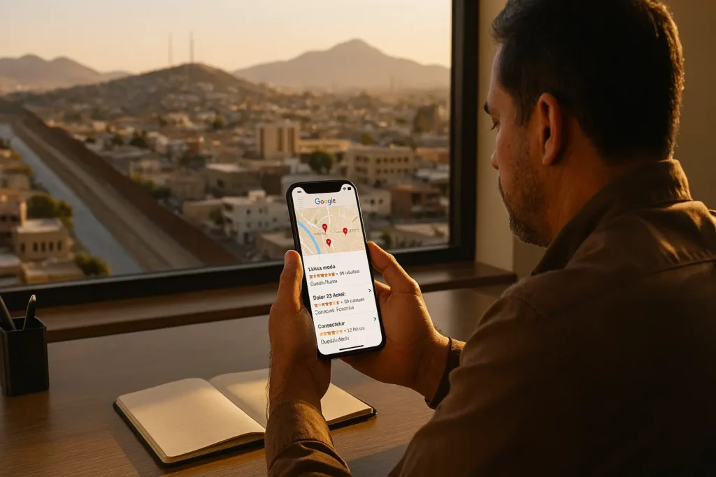 Dueño de negocio optimizando SEO en Google Maps en una laptop con mapa de ciudad fronteriza visible al fondo