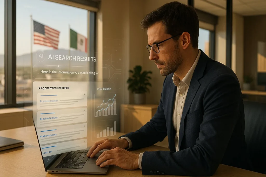 Business owner reviewing AEO answer engine optimization strategy on a laptop in a border city office. What is AEO?
