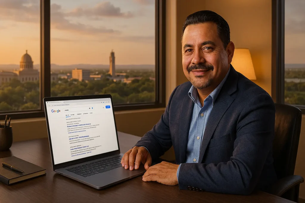 Dueño de negocio revisando estrategia de SEO en Brownsville en una laptop con el Valle del Río Grande de fondo