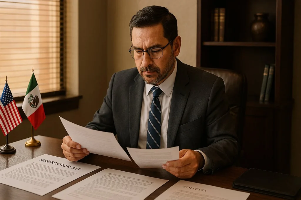 Estrategia de SEO para despachos de abogados de inmigración revisada por abogado en despacho de ciudad fronteriza de Texas con banderas de EE. UU. y México