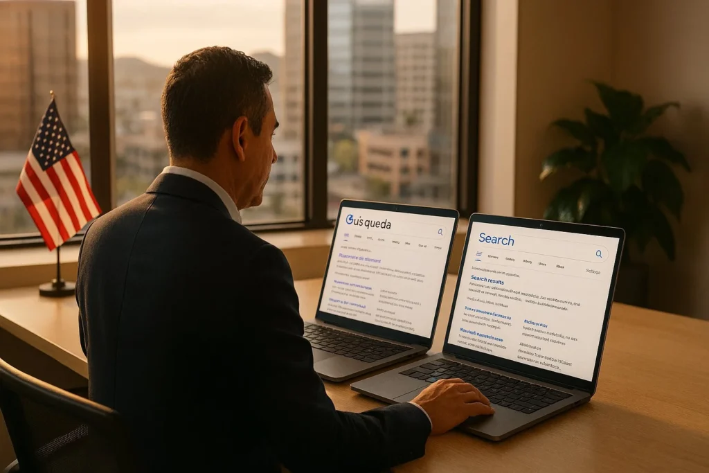 SEO en español strategy on dual laptop screens showing Spanish and English search results side by side in a border city office